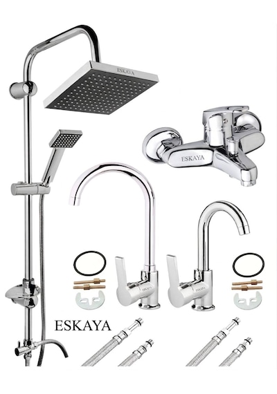 Eshome 4'lü Lüx Set Robot Tepe Yağmurlama Duş Seti Banyo Lavabo Mutfak Eviye Bataryası Krom