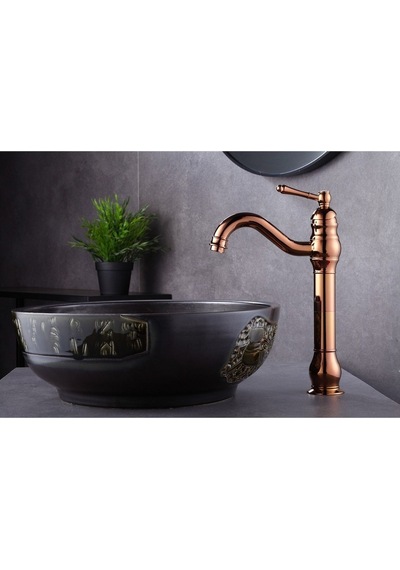 İsaoğlu Yapı Bakır Çanak Lavabo Bataryası Bronz Lavabo Musluğu Polina Çanak Batarya Rose Bakır Musluk Rose Gold