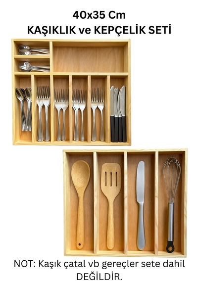 40x35 Cm Çok Bölmeli Ahşap Kaşıklık Ve Kepçelik Seti - Çekmece Düzenleyici- Ahşap Organizer