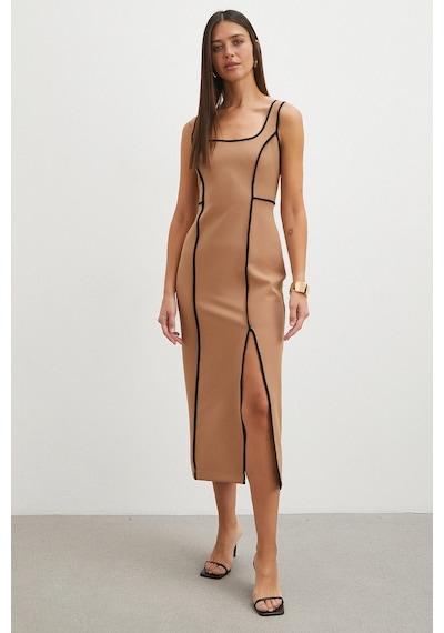 Şeritli Yırtmaç Detaylı Slip Dress Tarçın