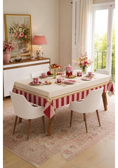 Vivanni Home Yıkanabilir Dikdörtgen Masa Örtüsü Günlük Kullanıma Uygun Pratik Ve Uzun Ömürlü Çizgili Pembe