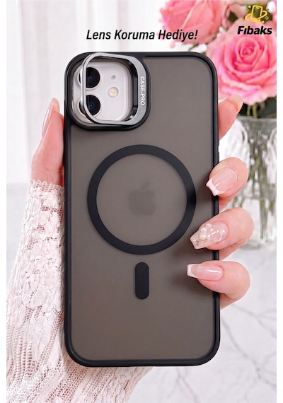 Fibaks iPhone 11 Uyumlu Kılıf Standlı Mat Magsafe Metal Tuşlu Kamera Lens Hediyeli Wonk Kapak