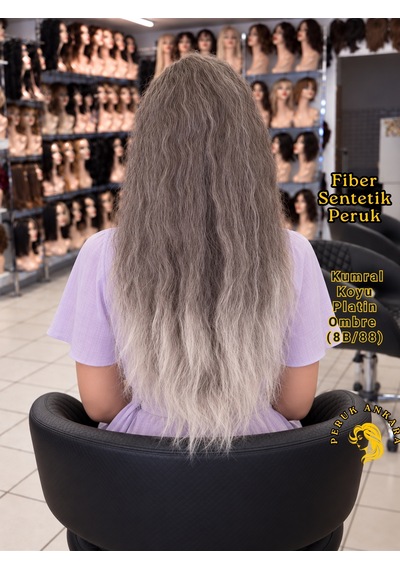 Afro Dalgası Peruk Fiber Sentetik Küllü Kumral Arası Işıltılı Platin Ombre