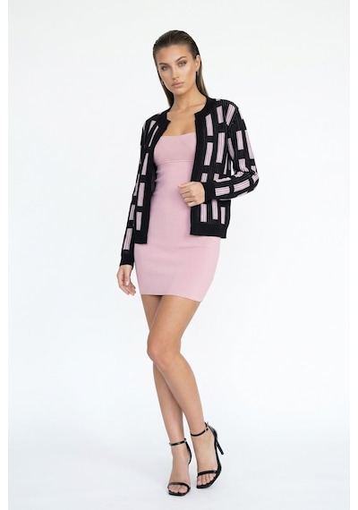 Neden Tekstil Kadın Geometrik Desenli Premium Triko Hırka - Siyah-pembe