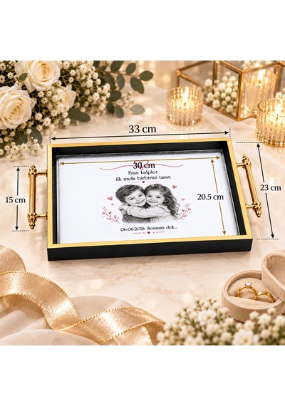 Bk Gift Kişiye Özel Fotoğraflı Siyah&gold Söz Nişan Tepsisi-2 - 39x23 Cm Çok Renkli