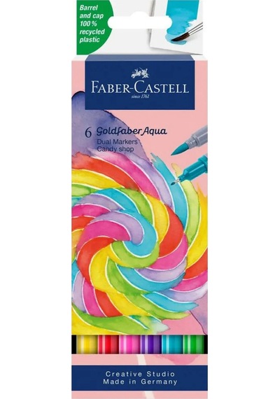 Faber-Castell Goldfaber Aqua Çift Uçlu Markör 6'lı Candy Set,Su Bazlı,Fırça ve Fineliner Uçlu,Yıkanabilir Mürekkep