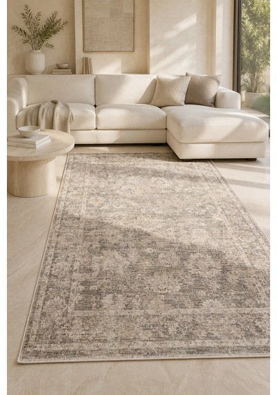 Sahra Collection Modern Vintage Desenli Eskitme Dokuma Yumuşak Salon Halısı Gri - Bej