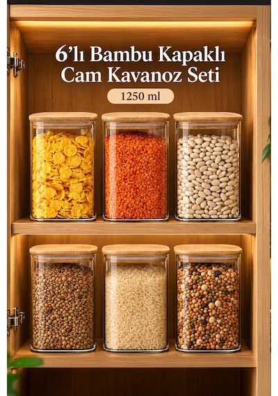 Porsima 6-3 Bambu Vakumlu Kapaklı Kare Borsilikat Cam 6lı Kavanoz Seti Saklama Kabı 1250ml 9,5x15cm Ahşap - Şeffaf