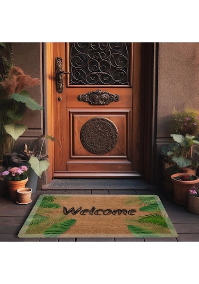 Valerine Life Beyaz Çerçeveli Palmiye Yaprakları Welcome Kapı Önü Paspası 45 x 70 CM