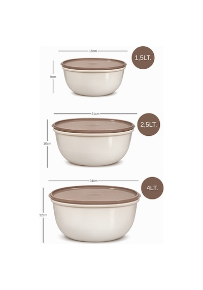 Ayza Model 3 Lü Yuvarlak Saklama Kabı Seti 1.5 Lt + 2.5 Lt + 4 Lt Krem