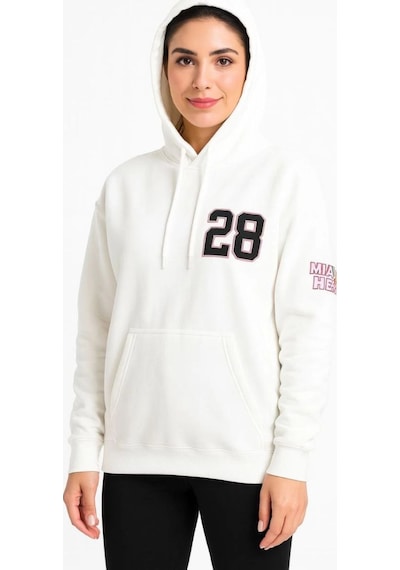 Vinevesta Kadın Kapüşonlu Kanguru Cepli Sweatshirt 3 İplik Pamuklu Baskılı Hoodie - Beyaz Çok Renkli
