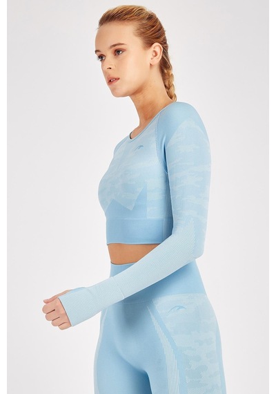 Maraton Active Slimfit Kadın Bisiklet Yaka Uzun Kol Fitness Mavi Crop Top 816013 Mavi