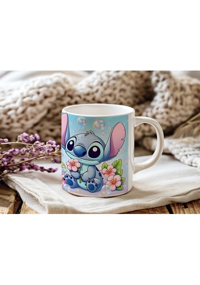 Mavi Stitch Çiçekli Kupa Bardak - Mavi Arka Planlı Tatlı Karakter Tasarımı Hediye Kupa Beyaz