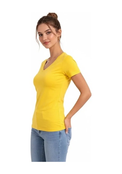 Valensdesign T-shirt V Yaka Slim Fit Likralı Tişört Günlük Basic Body - Sarı