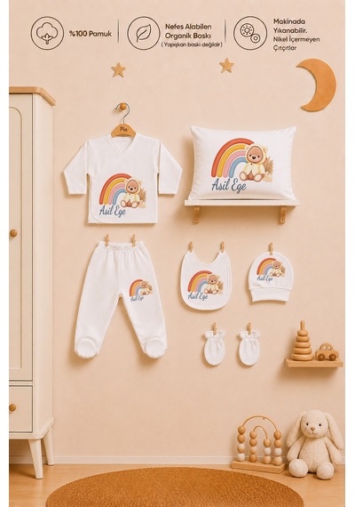 Pia Baby İsme Özel %100 Pamuk Yastık Şapka Önlük Eldiven Zıbın Set Erkek Bebek 6 Lı Hastane Çıkışı 2013yz0x Ekru