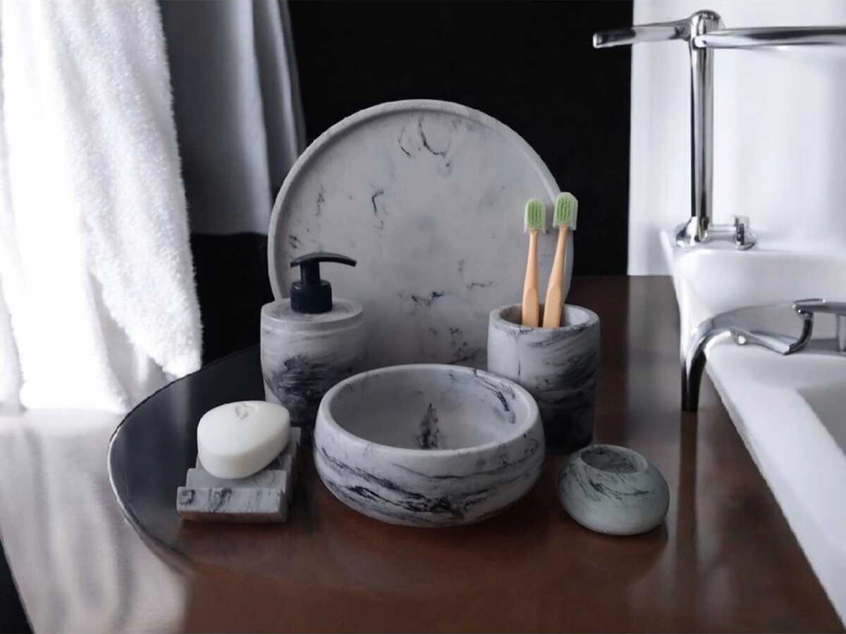 Mermer Desen Antrasit Beton Banyo Seti,tepsi,sıvı,katı Sabunluk,havluluk,mumluk Antrasit