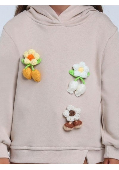 Kız Çocuk Çiçek Örgü Detaylı Kapüşonlu Sweatshirt-14306 Bej