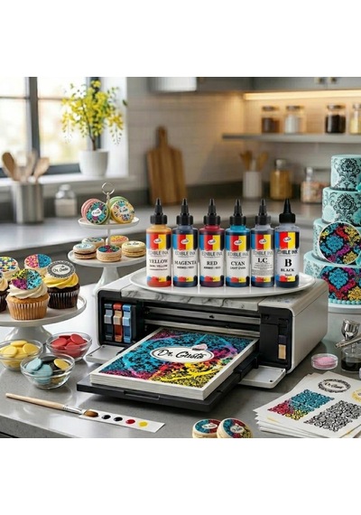 Yenilebilir Yazıcı Gıda Mürekkebi 115 Ml 4 Lü Set Siyah, Sarı, Magenta Kırmızı , Cyan Mavi Cmyk Pasta Baskı Mürekkebi