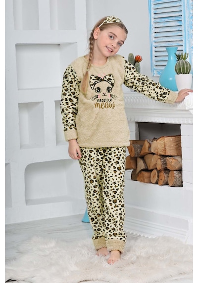 Kız Çocuk Leopar Desenli Göz Bantlı Peluş Polar Pijama Takımı Ekru