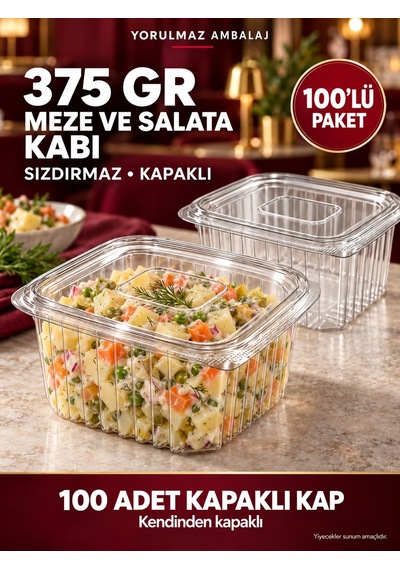 375 Gr Sızdırmaz Kapaklı Meze Ve Salata Kabı 100 Lü Şeffaf Kare Şarküteri Kabı