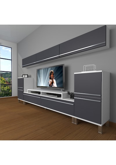 Decoraktiv Ekoflex 9 Mdf Krom Ayaklı Tv Ünitesi Tv Sehpası Beyaz - Antrasit