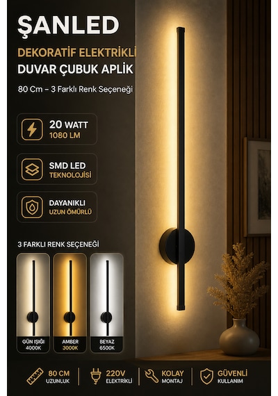 Dekoratif 20w İç Mekan Siyah Kasa 3 Renkli Işık Elektrikli 80 Cm Duvar Aplik 1 Adet