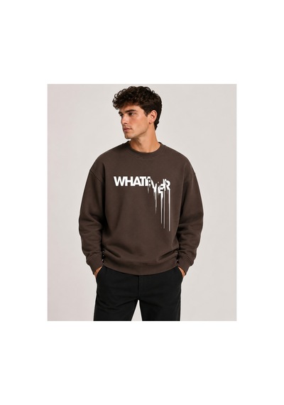 Herkesemoda Whatever Baskı Detaylı Bisiklet Yaka Şardonlu 2 İplik Sweatshirt Kahverengi