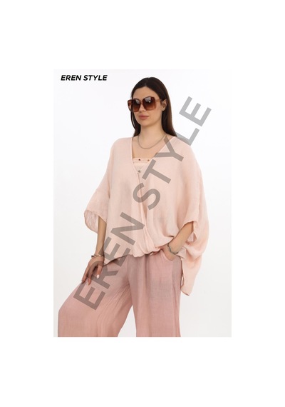 Eren Style İtalyan Fisto Paça Detaylı Keten Pantolon-9893 Pudra