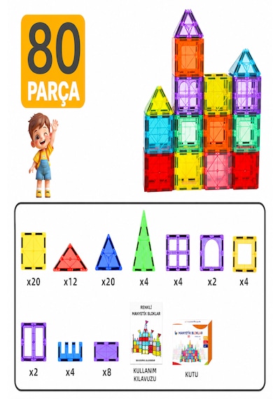 Solinpatech 80 Parça 7.5 Cm Büyük Boy Manyetik Blok Seti Güçlü Mıknatıslı Zeka Geliştirici Eğitici Oyuncak