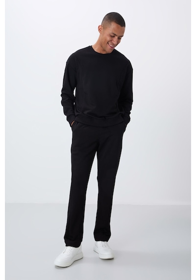 Tommy Life Siyah Kompakt Pamuklu Kalın Pürüzsüz Dokulu O Yaka Comfort Fit Erkek Eşofman Takım -85263 Siyah