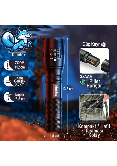 Lexroo Bluefox Güçlü Led El Feneri, 10w Ultra Parlak Işık, 5 Fark Siyah