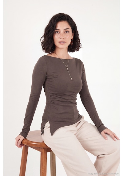Lela Pamuklu Kayık Yaka Yanı Büzgülü Örme Bluz Kadın Bluz 5867059 Kahve