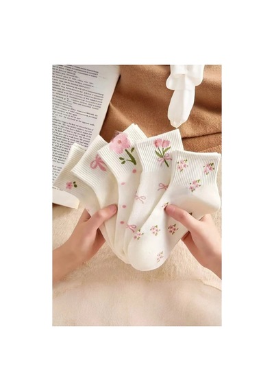 Hitit Socks Kadın 5 Çift Premium Kalite Sarmal Çiçek Desenli Kısa Kolej Çorap Bilek Çorabı Beyaz