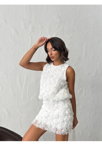 Verymoda Gül Desenli Tül Etek F1757 Krem