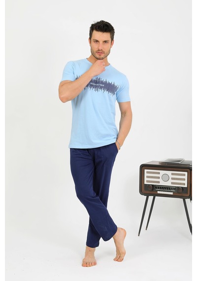 Akbeniz Erkek Pamuk Kısa Kol Pijama Takım Mavi 6875