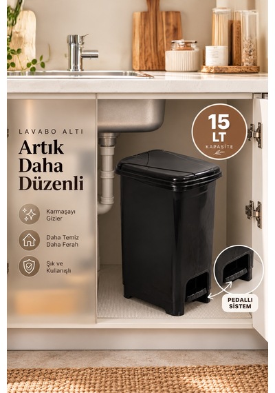 Porsima 0123-1 Slim Pedallı Çöp Kovası 15 Lt Siyah Taşıma Kulplu İç Kovalı, Mutfak Ve Banyo İçin Dar Alan Çöp Kovası
