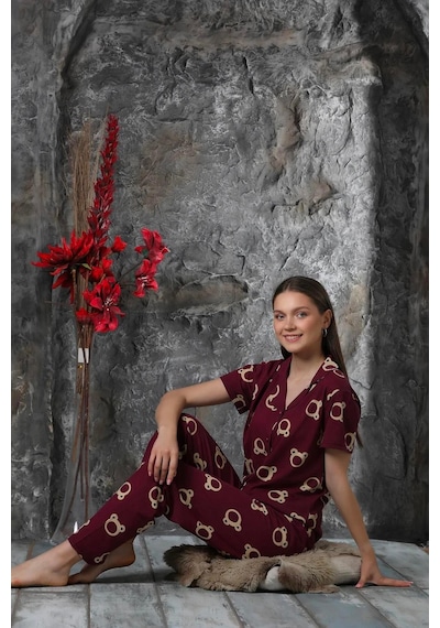 Yazlık Ayıcık Baskılı Kısa Kol Pijama Takımı Yeni Sezon Bordo