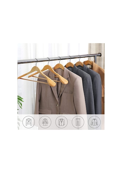 Faravis Atelier Ahşap Askı Kalın Omuzlu Takım Elbise Askısı 5 Adet Kaymaz Pantolon Çubuğu