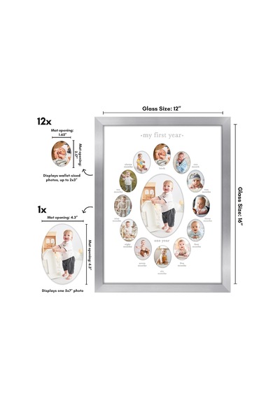 Kırılmaya Dayanıklı Camlı 12x16 Birinci Yıl Fotoğraf Çerçevesi - On İki 2x3 Fotoğraf ve Bir 5x7 Resme Uyar - Kreş Dekoru, Yeni Doğan Anne Hediyesi Veya Bebek Partisi İçin Kolaj Çerçevesi Çok Renkli