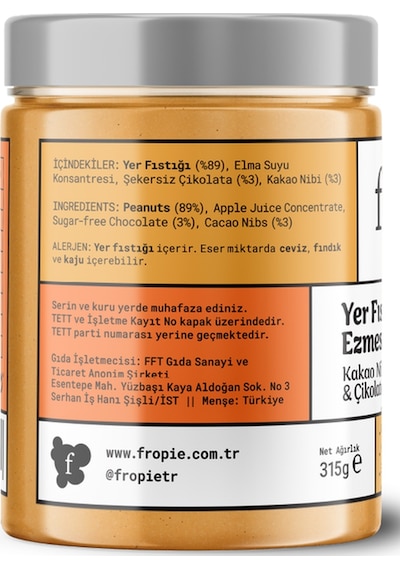 Fropie Kakao Nibli ve Çikolatalı Yer Fıstığı Ezmesi 315 G