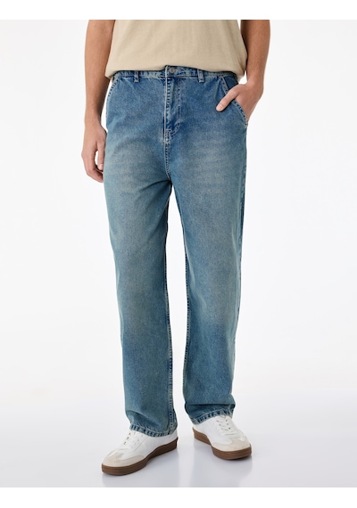 Koton Pamuklu Cepli Oversize Normal Bel Bol Skater Jean Pantolon Orta İndigo 6sam40369nd