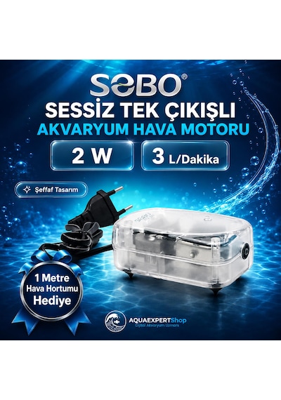 Sobo Sessiz Hava Motoru - Tek Çıkışlı - Şeffaf Tasarım - 1 Metre Hava Hortumu Hediye - 2w - 3lt/saat