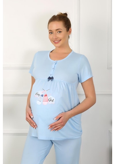 Akbeniz Kadın Kısa Kol Hamile Lohusa Pijama Takımı Mavi 45210-mavi