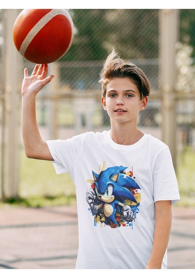 Sevbano Sonic Baskılı Unisex Oyun Çocuk Tişört 1-12 Yaş Beyaz