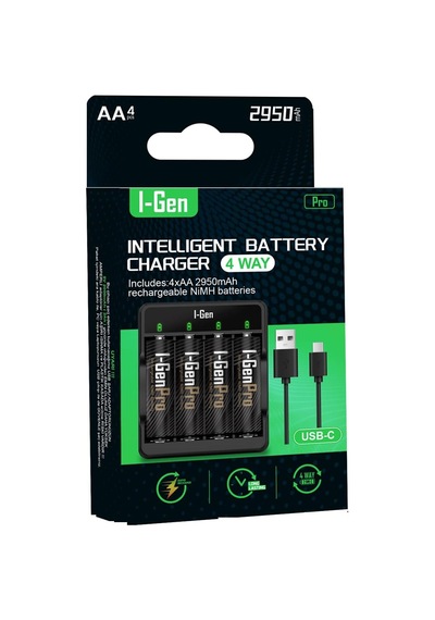 I-gen G429 4&apos Lü Pil Şarj Aleti + 4 Adet Aa Pro 2950 Mah Şarjlı Kalem Pilli Set