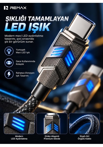 Remax Cb05-cc Bumblebee Serisi 65w Pd Type-c To Type-c Led Işıklı Çinko Alaşımlı Örgülü Hızlı Şarj Ve Data Kablosu 1.2 Metre Siyah