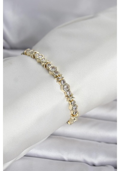 Pirinç Gold Renk Petek Model Zirkon Taşlı Kadın Bileklik Altın