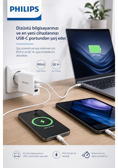 Philips Dlp2683/12 65w Gan Hızlı Şarj Adaptörü, 2x Usb-c Pd+1x Usb-a Qc 4.0 3 Port Duvar Şarj Cihazı