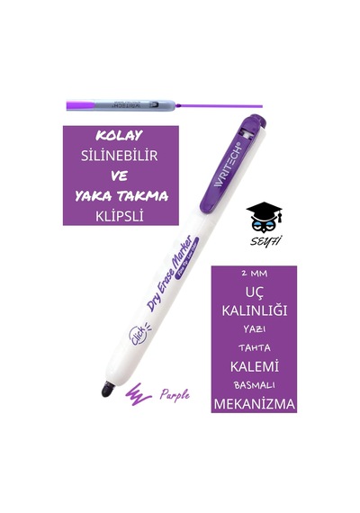 Writech Basmalı Tahta Kalemi, Yaka Clipsli, 2 Mm, Mor, Kolay Silinebilir Genel