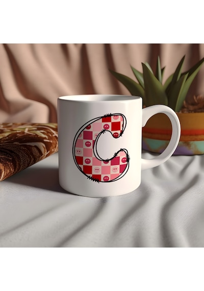 C Harfi Pembe Kareli Kalpli Göz Emojili Kupa Bardak Eğlenceli Kareli Tasarım Kahve Çay Kupası 07 Beyaz